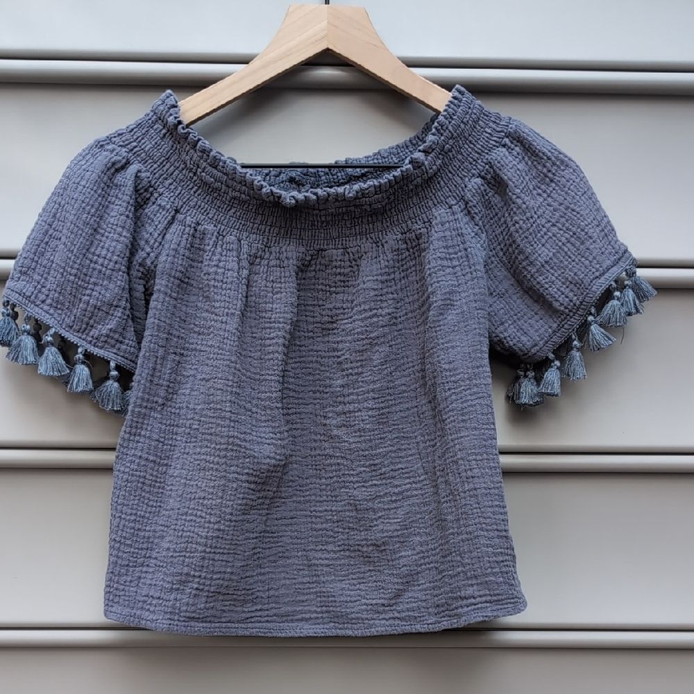 C&C California blue smocked off-the-shoulder top tassel fringe boho prairie y2k